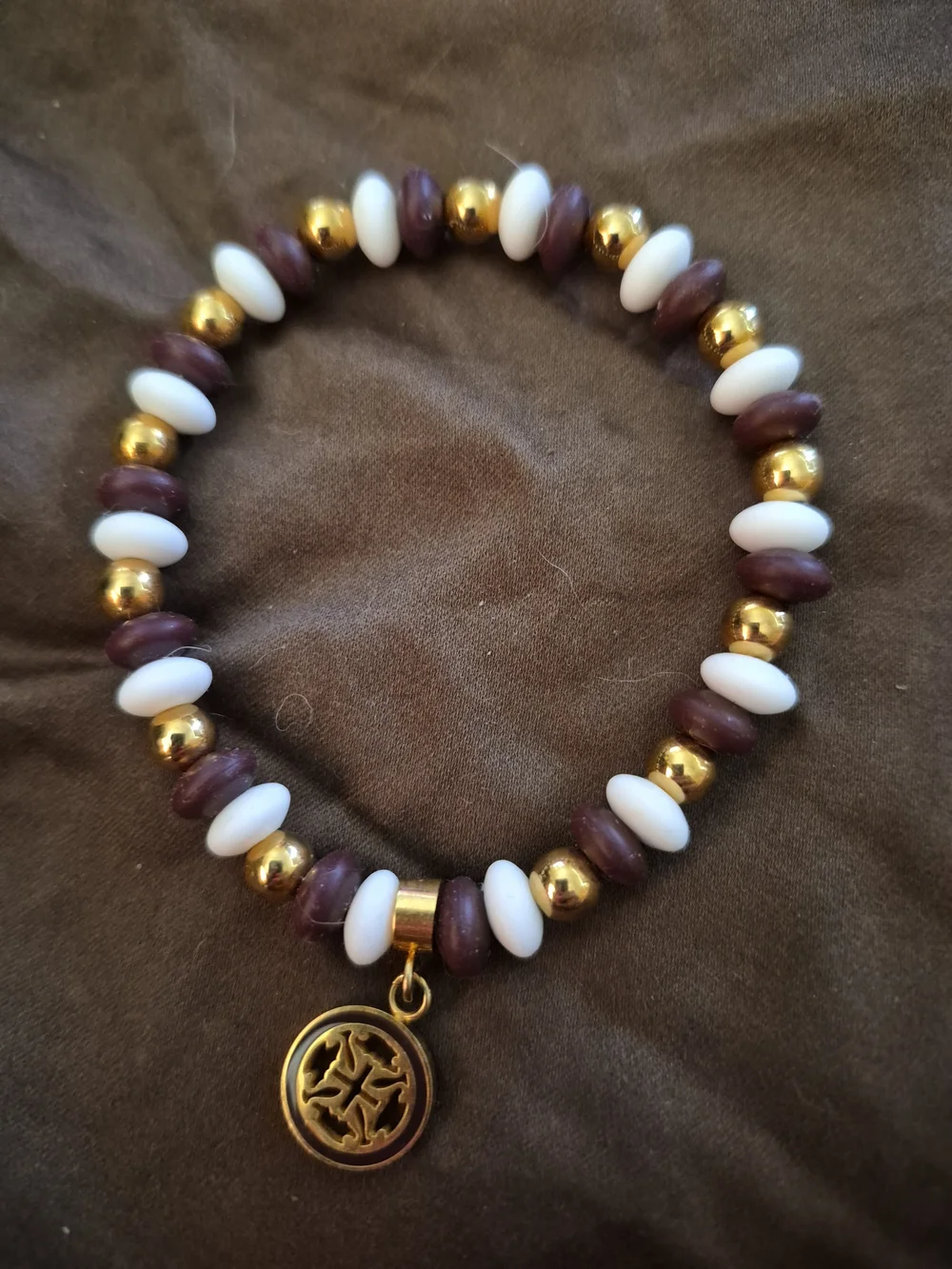 Rustic Cuff Gold Charm Stretch Bracelet with White and Maroon And Gold Beads